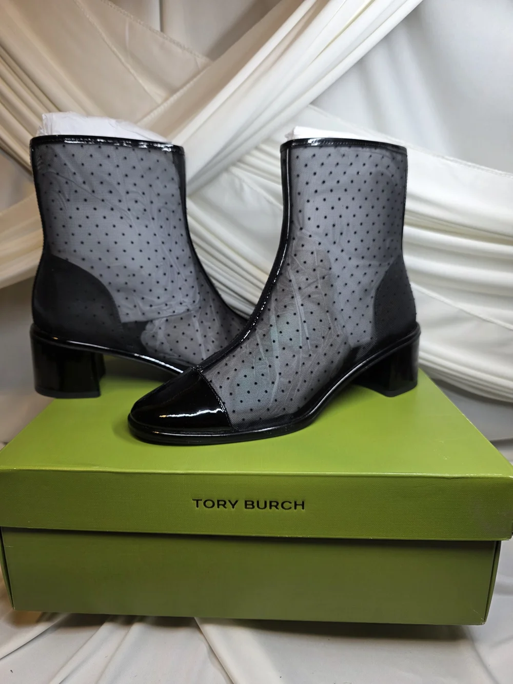 Tory Burch Black Sheer Polka Dot Ankle Boots NIB